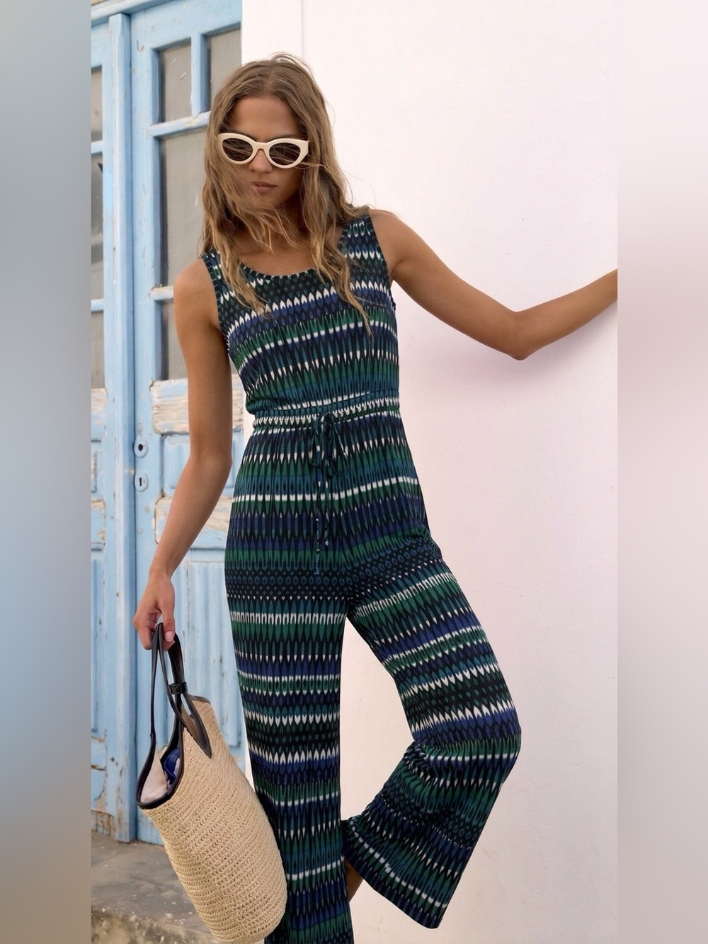 Calvin Klein Navy & Green Patterned Sleeveless Jumpsuit
